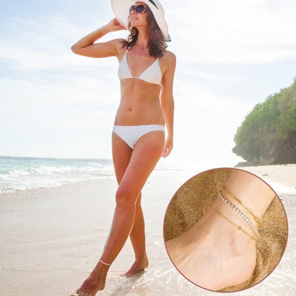 Solid 18K Over Gold Anklet for Women,Gold Anklets for Women Layered/Tennis/Paper - Picture 5 of 5